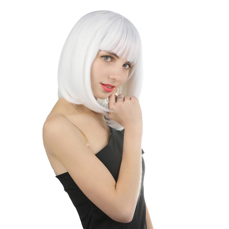 eNilecor Short Bob Hair Wigs 12" Straight with Flat Bangs Synthetic Colorful Cosplay Daily Party Wig for Women Natural As Real Hair+ Free Wig Cap (White) - Image 4